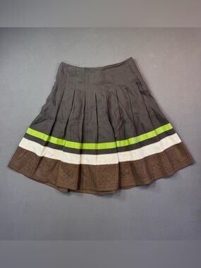 W by Worth Brown Linen A-Line Skirt with Lime White Stripes and Embroidery, 10